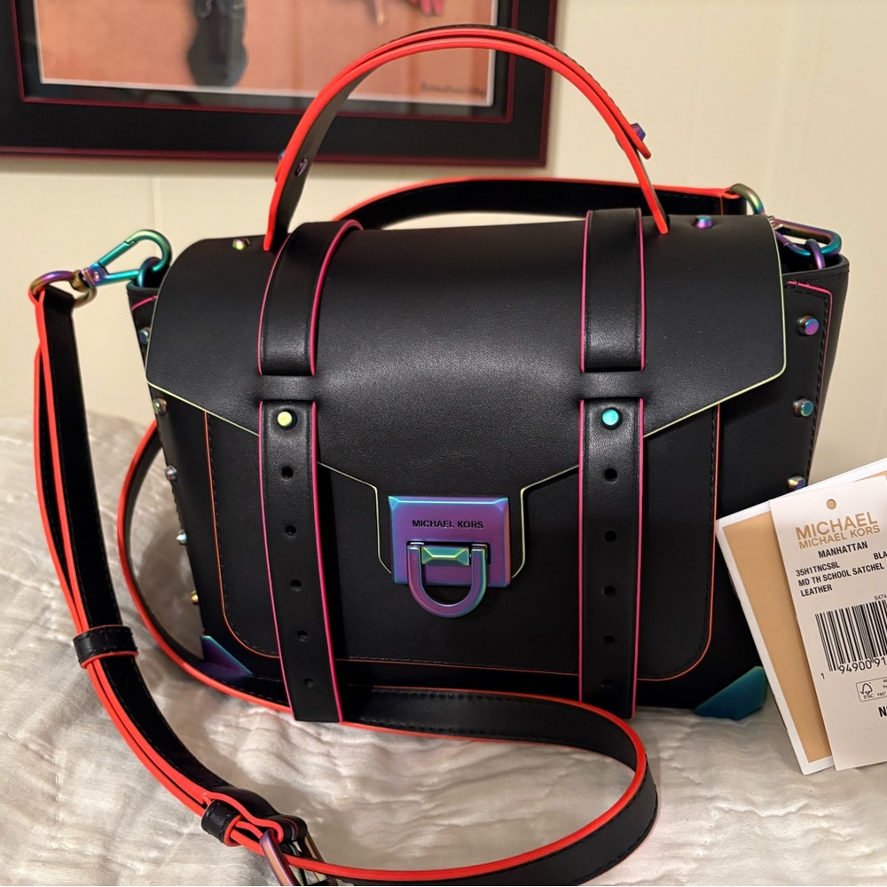 Michael Kors Black and Red Satchel with Structured Design